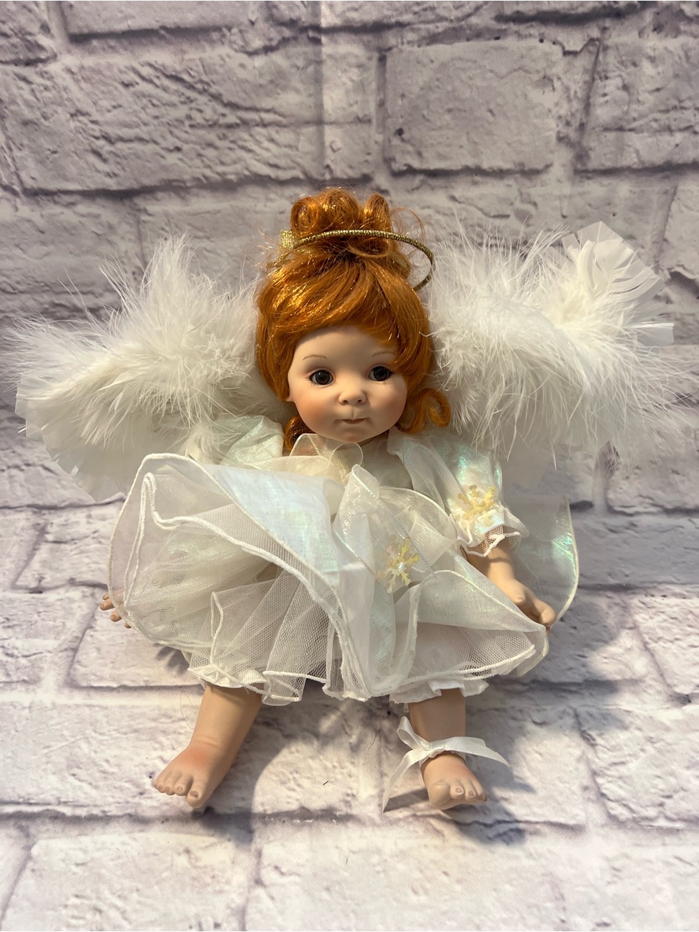 Collectible Porcelain White Angel Doll with Red Hair and Wings